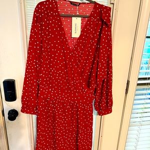 Red polka dot, long sleeve wrap dress